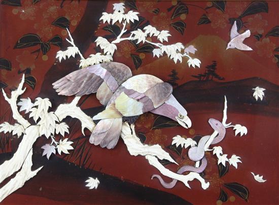 A Japanese Shibayama style panel of an eagle with a snake, 12.25 x 9in.